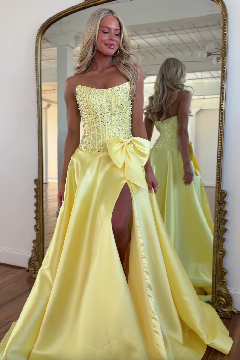 Charming A Line Strapless Yellow Satin Prom Dress with Beading Bowknot - View 2 | VelvetHem