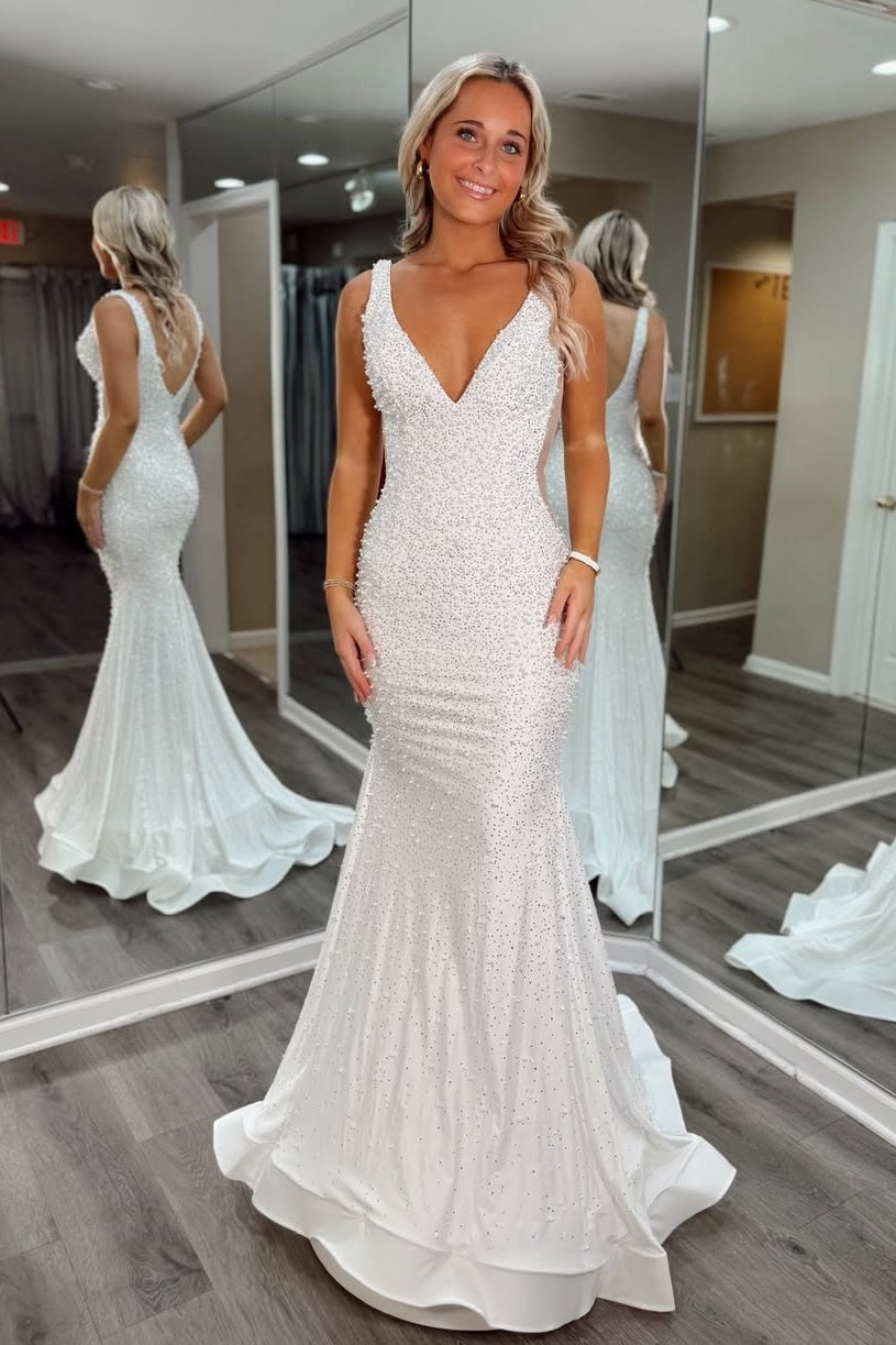 Luxurious Mermaid V Neck Pink Long Prom Dress with Pearls - View 14 | VelvetHem
