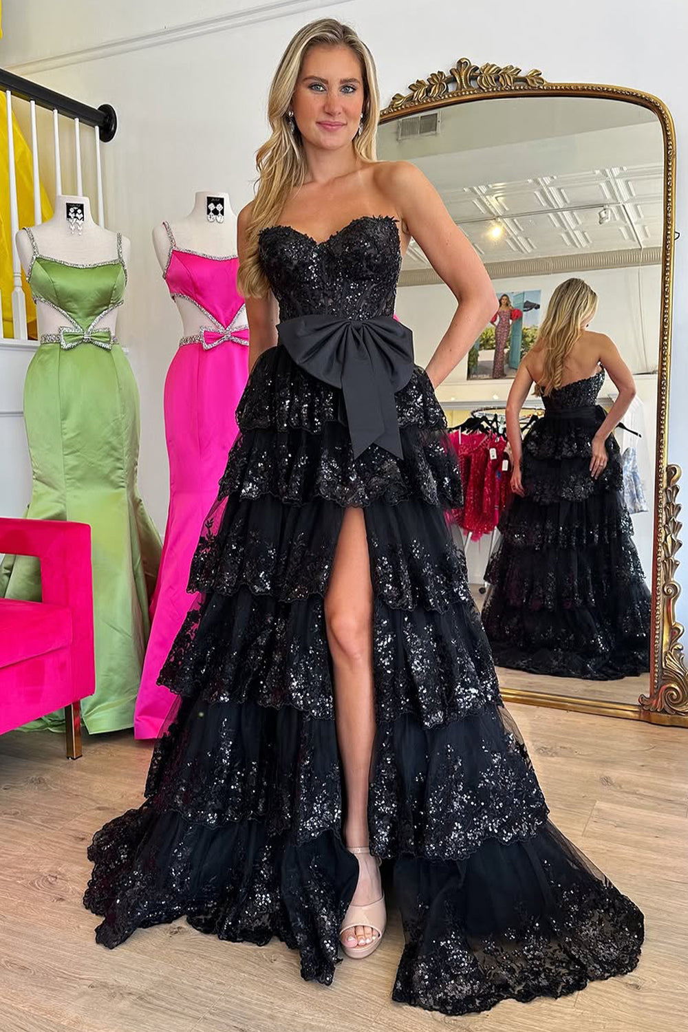 Sparkly Pink A-Line Sweetheart Long Tiered Sequin Prom Dress with Slit - View 6 | VelvetHem