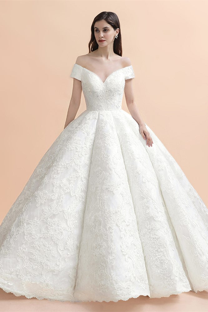 Luxury Ball Gown Lace Satin Sweetheart Wedding Dress | Sleeveless Bridal Gowns with V-Back