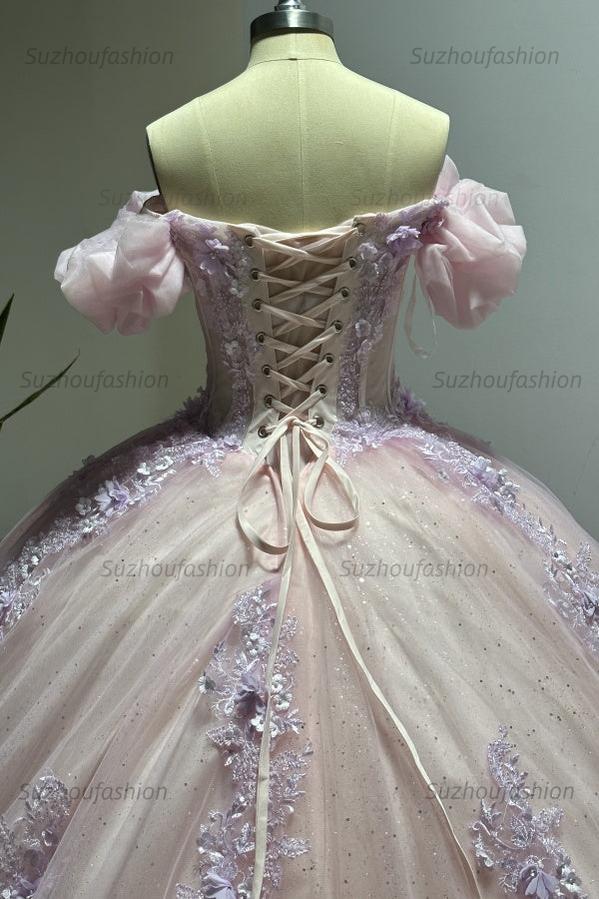Luxury Ball Gown Sweetheart Neck Puff Sleeves Lace Appliques Beaded Pink Tulle Princess Evening Party Gowns Quinceanera Dress For Sweet 16