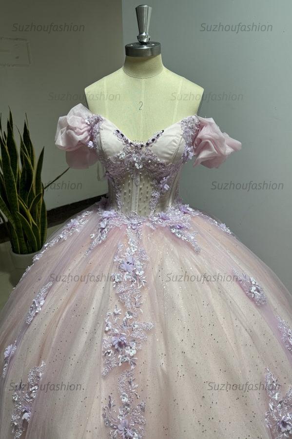 Luxury Ball Gown Sweetheart Neck Puff Sleeves Lace Appliques Beaded Pink Tulle Princess Evening Party Gowns Quinceanera Dress For Sweet 16