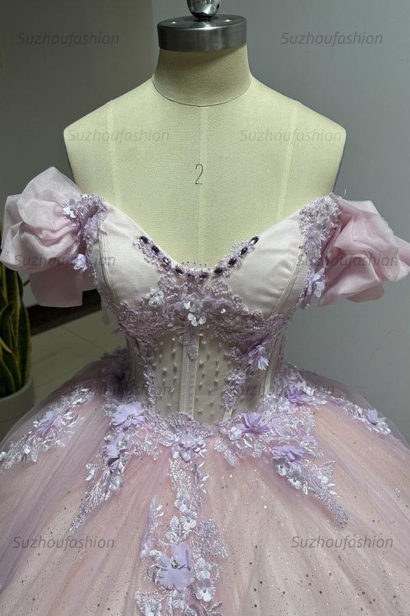 Luxury Ball Gown Sweetheart Neck Puff Sleeves Lace Appliques Beaded Pink Tulle Princess Evening Party Gowns Quinceanera Dress For Sweet 16