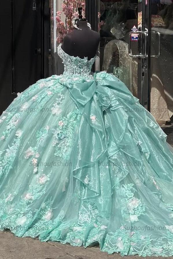 Luxury Ball Gown Sweetheart Neck Sleeveless 3D Colorful Flower Appliques Lace Up Bown Knot Mint Green Tulle Quinceanera Dress Birthday Party Gown For Sweet 16