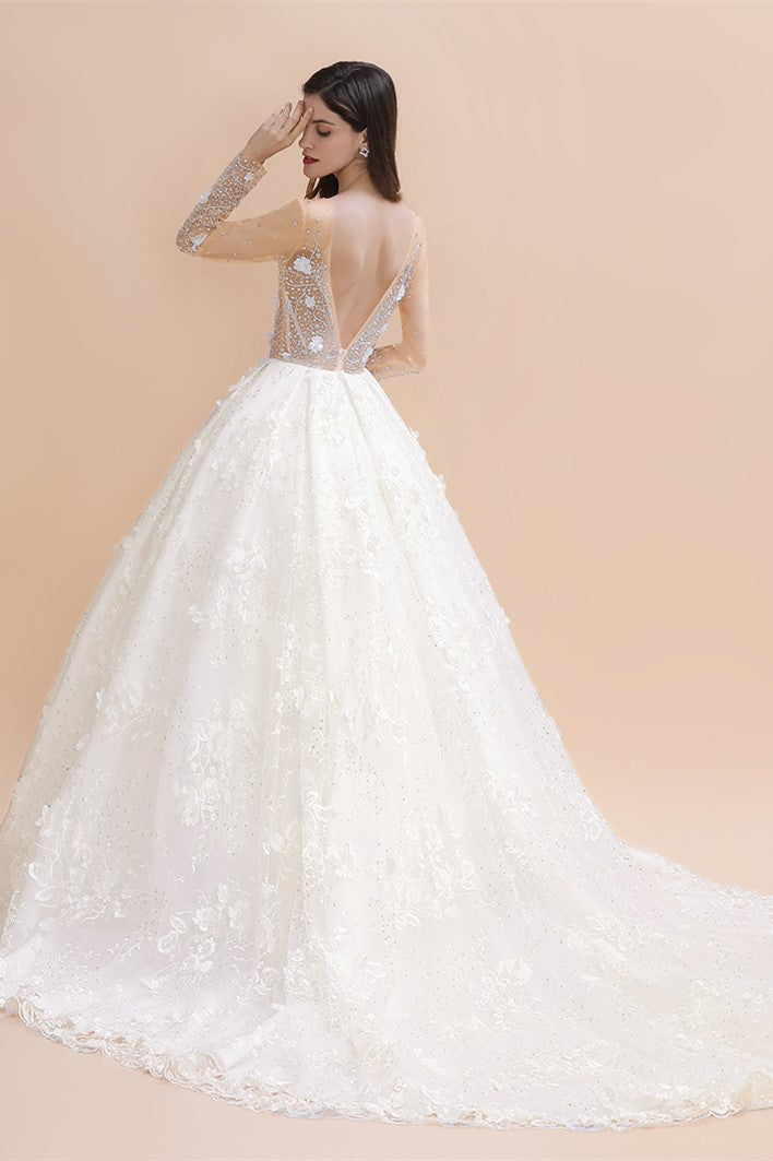 Luxury Ball Gown Tulle Lace Wedding Dress | Long Sleeves Appliques Pearls Bridal Gowns with Flowers