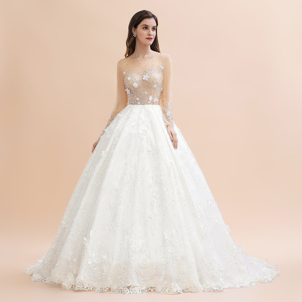 Luxury Ball Gown Tulle Lace Wedding Dress | Long Sleeves Appliques Pearls Bridal Gowns with Flowers