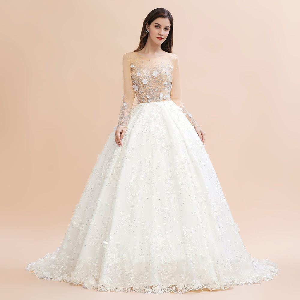 Luxury Ball Gown Tulle Lace Wedding Dress | Long Sleeves Appliques Pearls Bridal Gowns with Flowers