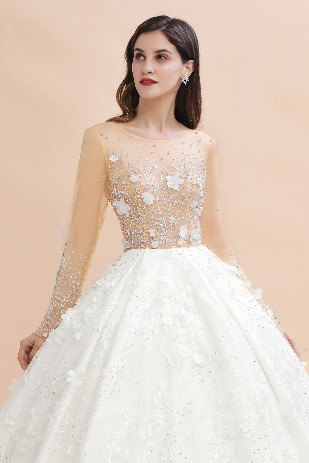 Luxury Ball Gown Tulle Lace Wedding Dress | Long Sleeves Appliques Pearls Bridal Gowns with Flowers