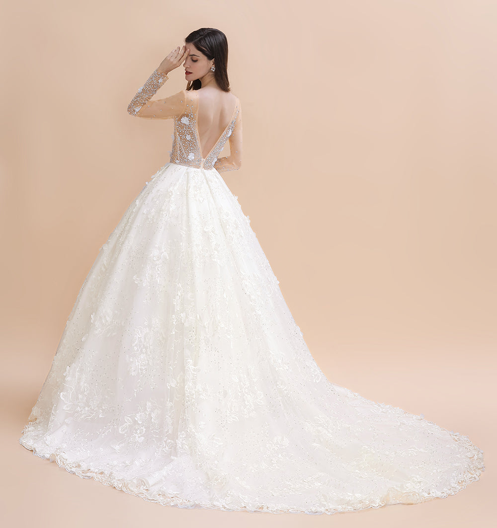 Luxury Ball Gown Tulle Lace Wedding Dress | Long Sleeves Appliques Pearls Bridal Gowns with Flowers