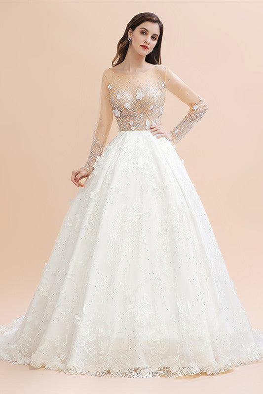 Luxury Ball Gown Tulle Lace Wedding Dress | Long Sleeves Appliques Pearls Bridal Gowns with Flowers