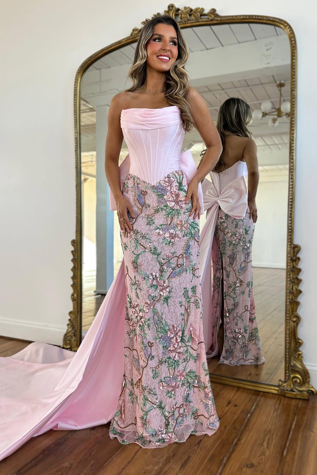 Suzhoufashion Blush Pink Strapless Prom Gown With Corset Bodice Floral Sequin Detail & Train Formal Evening Gown