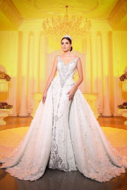 Luxury Chapel Train White Mermaid Wedding Dress With Lace Appliques