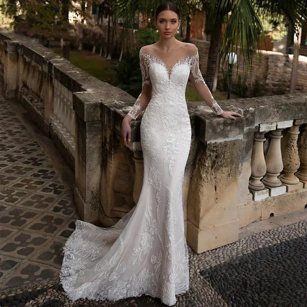Luxury Crystal Wedding Dress Mermaid For Women Beading Sweetheart Lace Applique Sheer Illusion Long Bridal Gown Court Train 2023 (ZD13319) - VelvetHem