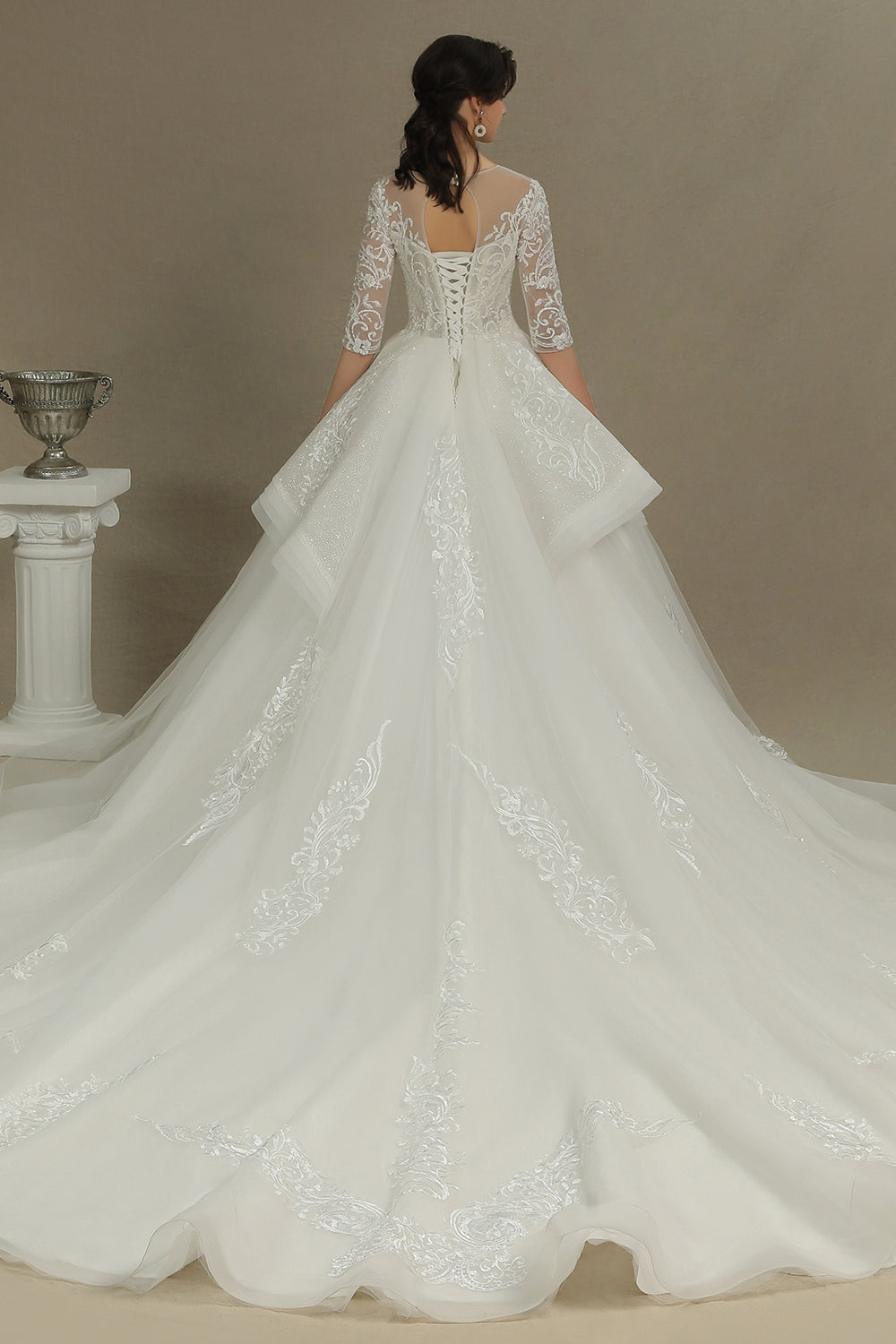 Luxury Floral Lace Bridal Gown Crew Neck Long Sleeves Aline Spring Garden Ball Gown