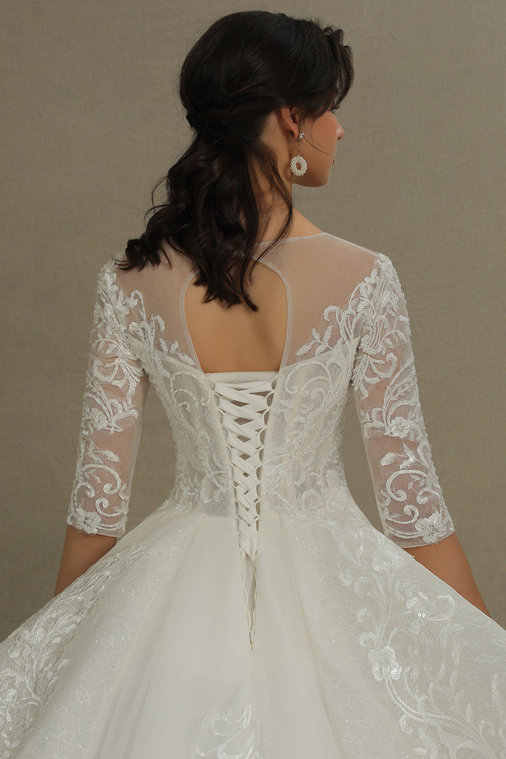 Luxury Floral Lace Bridal Gown Crew Neck Long Sleeves Aline Spring Garden Ball Gown