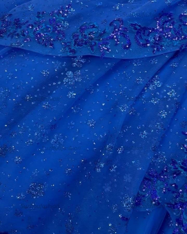Luxury & Glamorous Ball Gown Off Shoulder Lace Appliques Beaded Tiered Glitter Ruffles Royal Blue Tulle Quinceanera Dress Evening Party Gown For Sweet 16