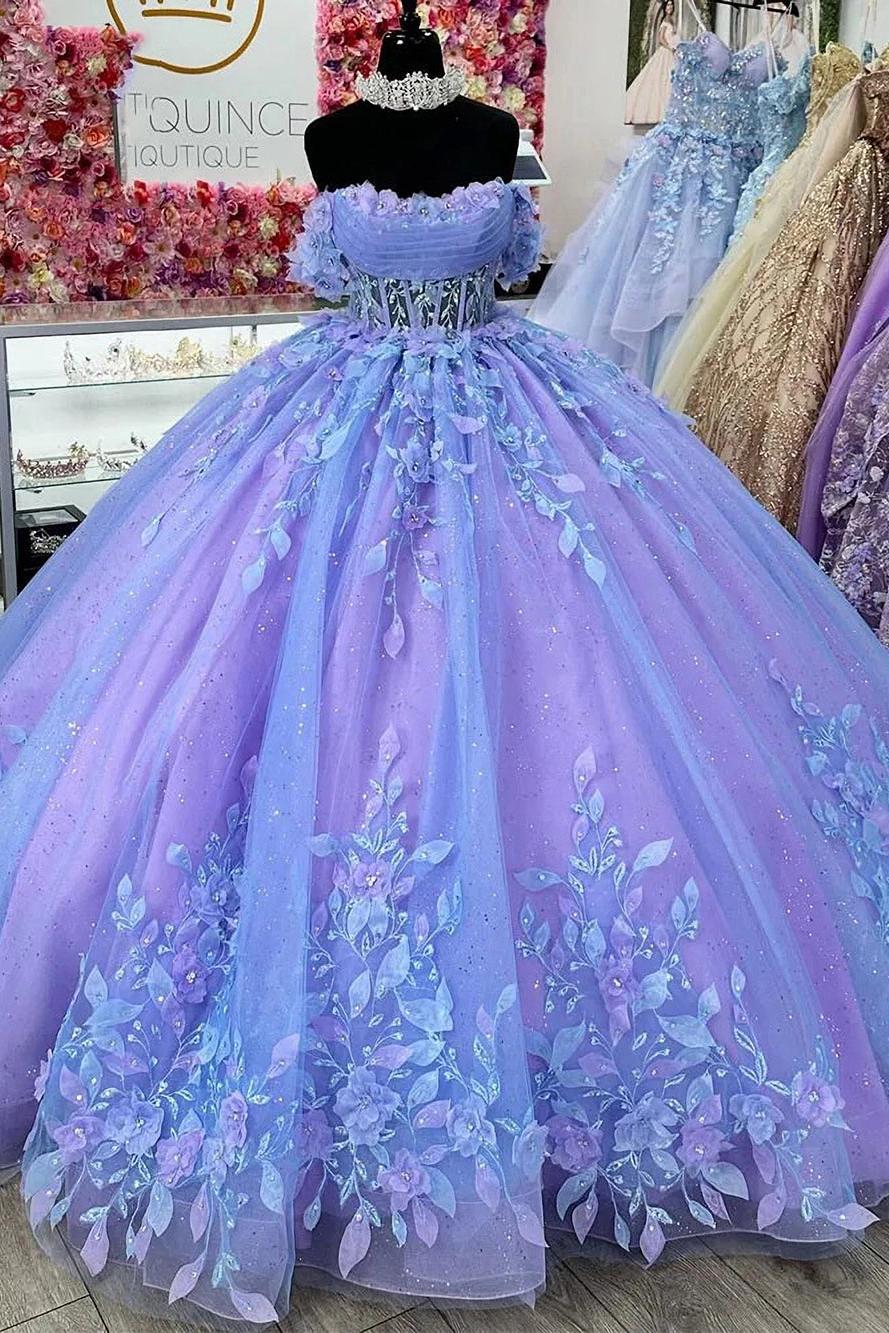 Luxury & Gorgeous Ball Gown Off Shoulder 3D Floral Lace Appliques Beaded Purple Tulle Quinceanera Dress Princess Party Gown For Sweet 16