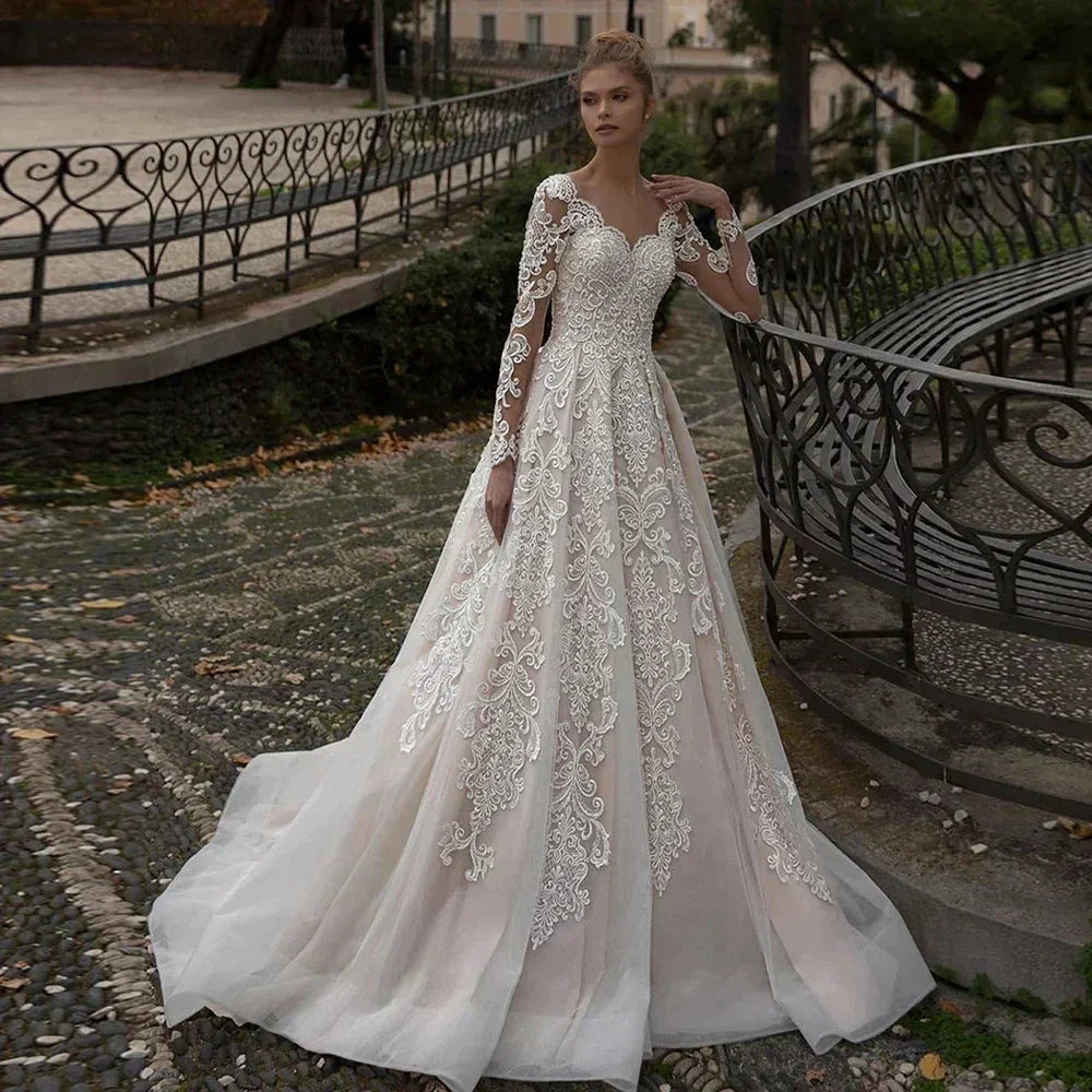 Luxury Lace Applique Wedding Dresses Long Sleeve Women's Elegant Muslim Sweetheart Fine Champagne Bridal Gowns Trailing Dress De (ZD14149) - VelvetHem