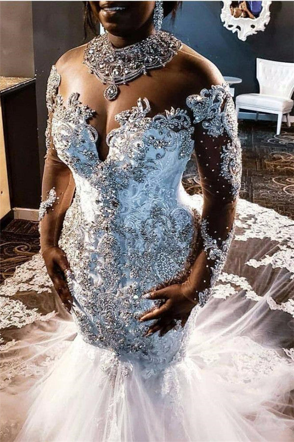 Luxury Long Sleeves Beading Appliques Wedding Dresses | Elegant Mermaid Bridal Gowns