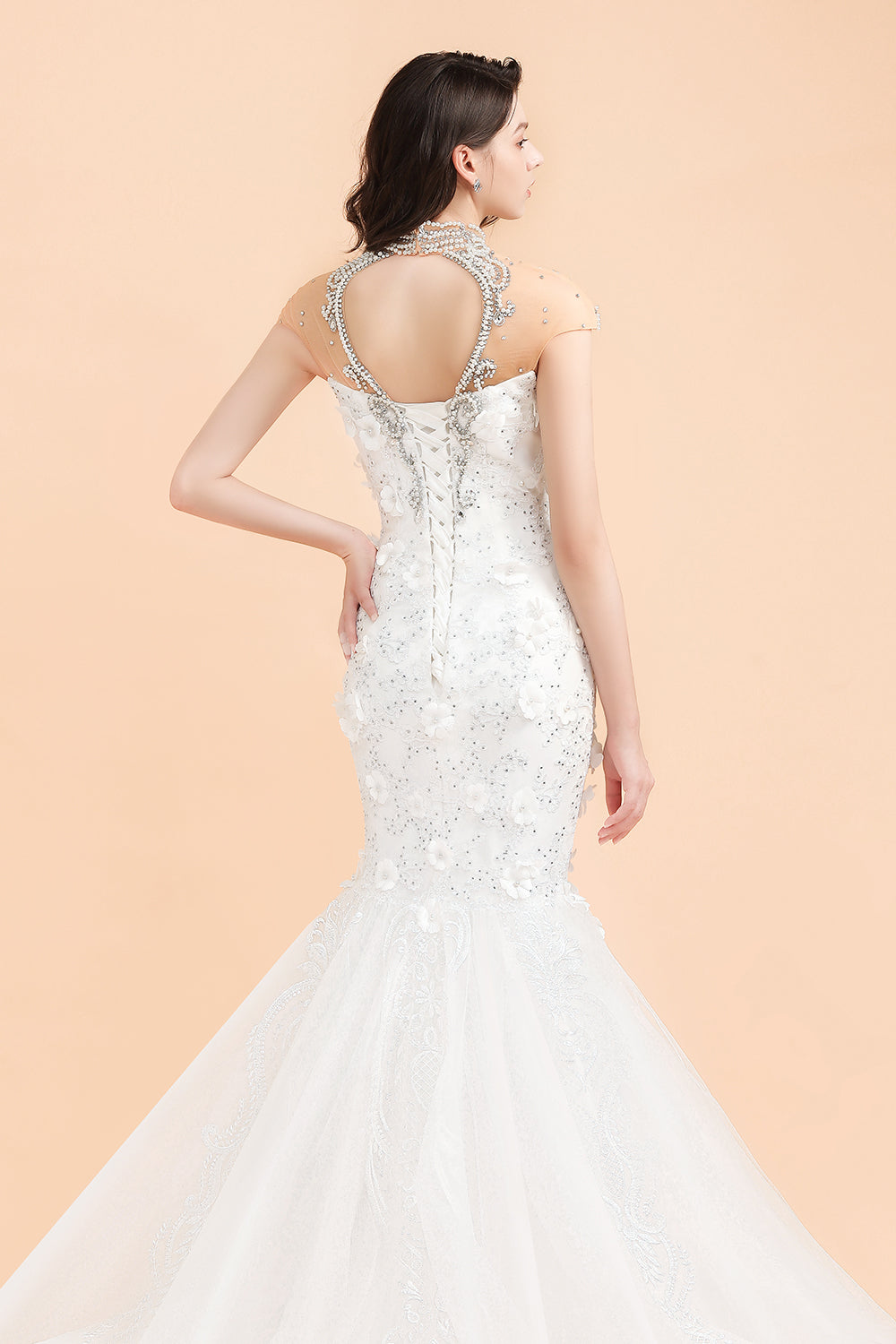 Luxury Mermaid Wedding Dress | Tulle Lace Sequins Sleeveless Bridal Gowns with Pearls