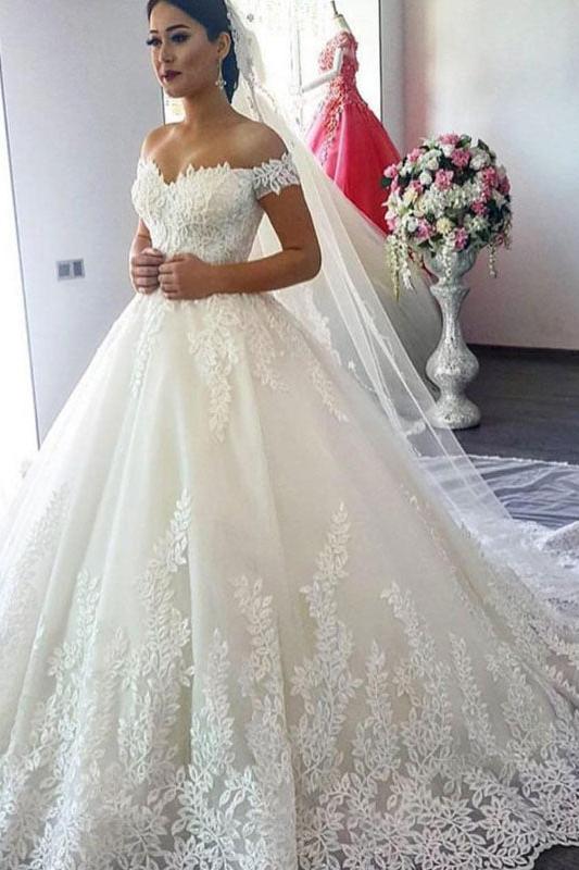 Luxury Off The Shoulder Tulle Lace White Ball Gown Wedding Dresses