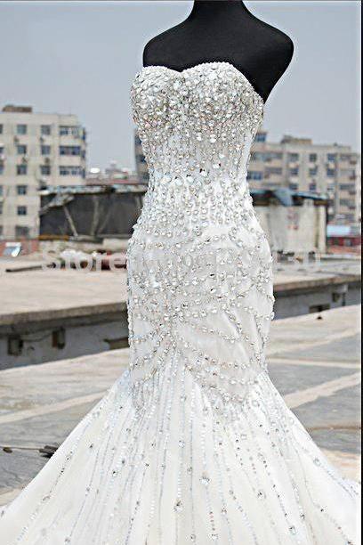 Luxury Silver Crystal Wedding Dresses Beading Sweetheart Mermaid Sparkly Bridal Gowns