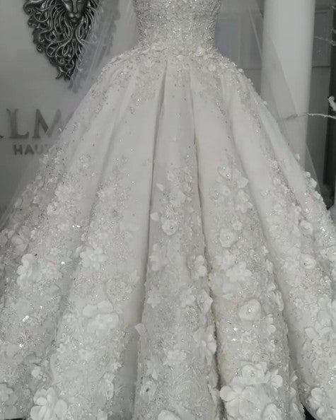 Luxury Sleeveless Crystal Wedding Dresses | Sheer Tulle Flowers Bridal Gowns with Beading BC0708