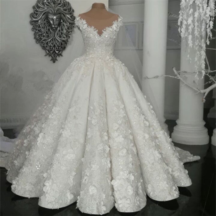 Luxury Sleeveless Crystal Wedding Dresses | Sheer Tulle Flowers Bridal Gowns with Beading BC0708
