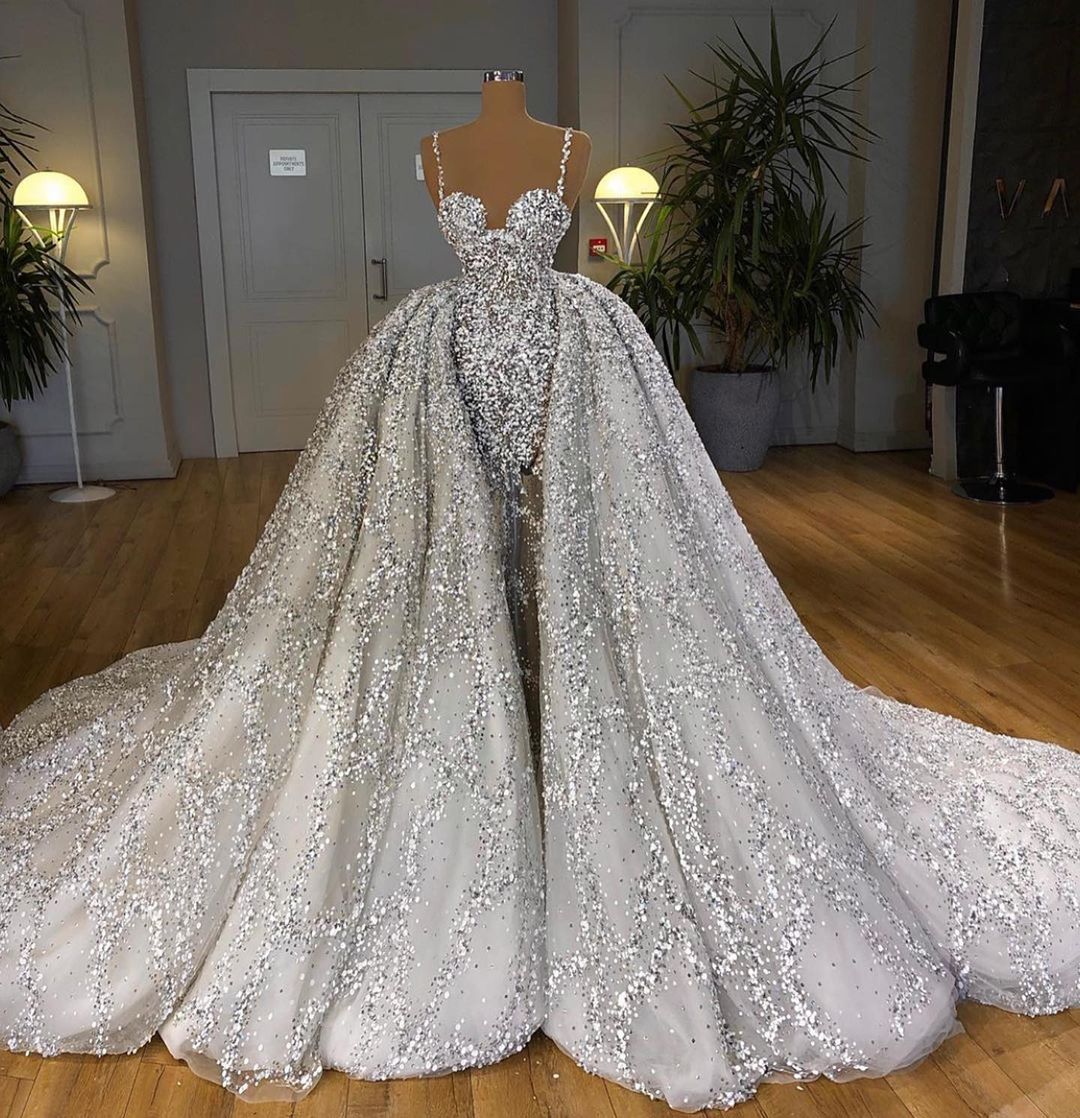 Luxury Spaghetti Straps Sliver Tulle Sequins Mermaid Prom Dresses