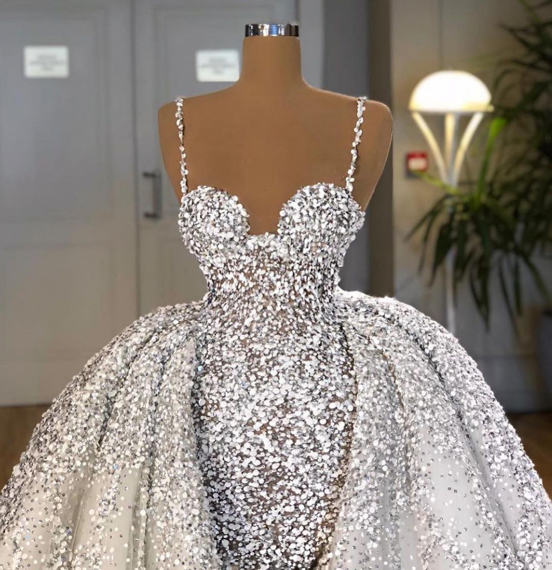 Luxury Spaghetti Straps Sliver Tulle Sequins Mermaid Prom Dresses