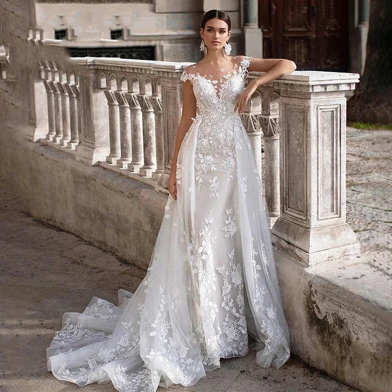 Luxury Wedding Dress 2023 Short Sleeve Applique Sleeveless Mermaid Bridal Gownes Removable Women's Elegant Lace Wedding Dress De by payinti