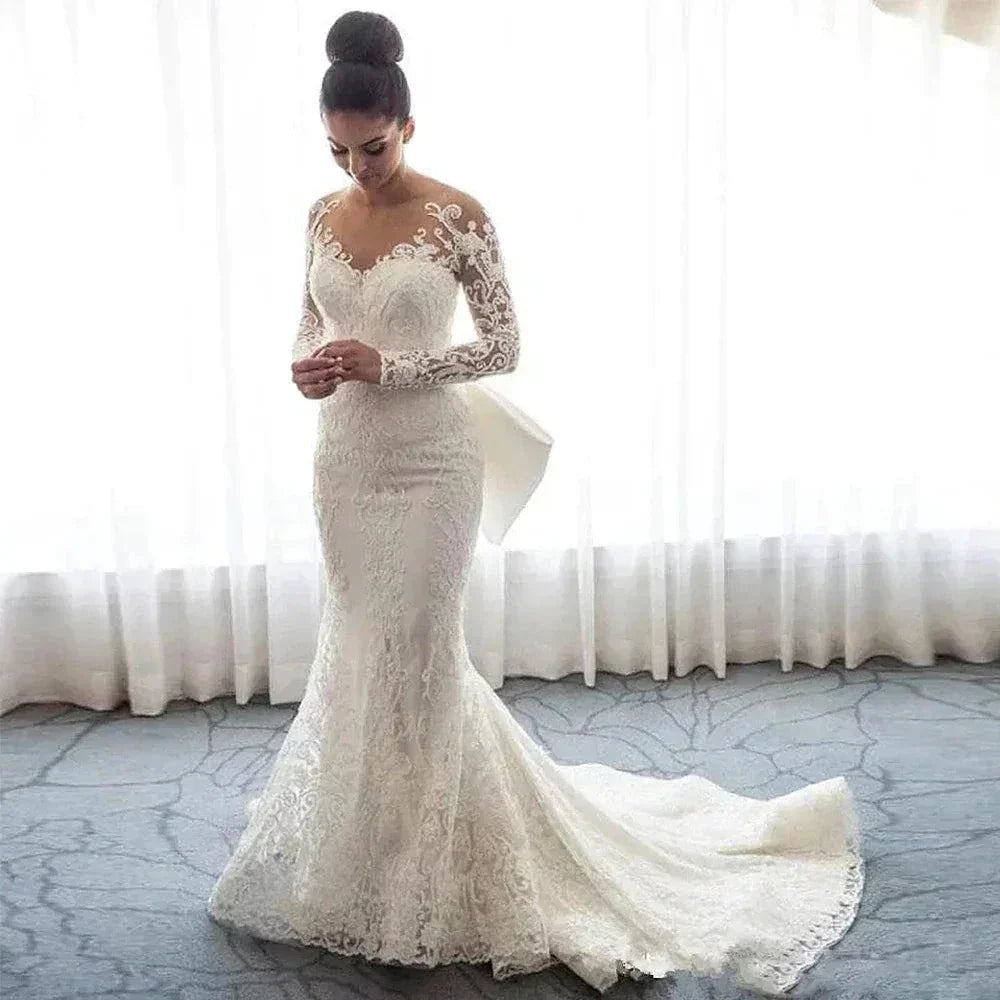 Luxury Women's Lace Wedding Dresses Detachable 2-Piece Set Gorgeous Decal Mermaid Long Sleeve Princess Formal Beach Bride Gowns (ZD13318)