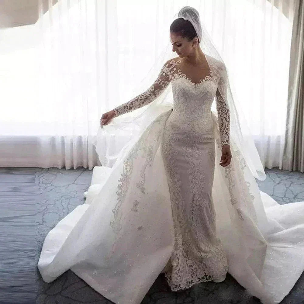 Luxury Women's Lace Wedding Dresses Detachable 2-Piece Set Gorgeous Decal Mermaid Long Sleeve Princess Formal Beach Bride Gowns (ZD13318)