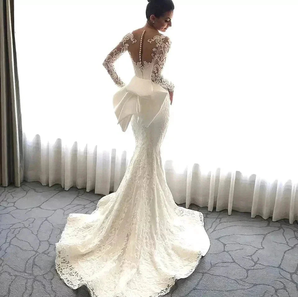 Luxury Women's Lace Wedding Dresses Detachable 2-Piece Set Gorgeous Decal Mermaid Long Sleeve Princess Formal Beach Bride Gowns (ZD13318)