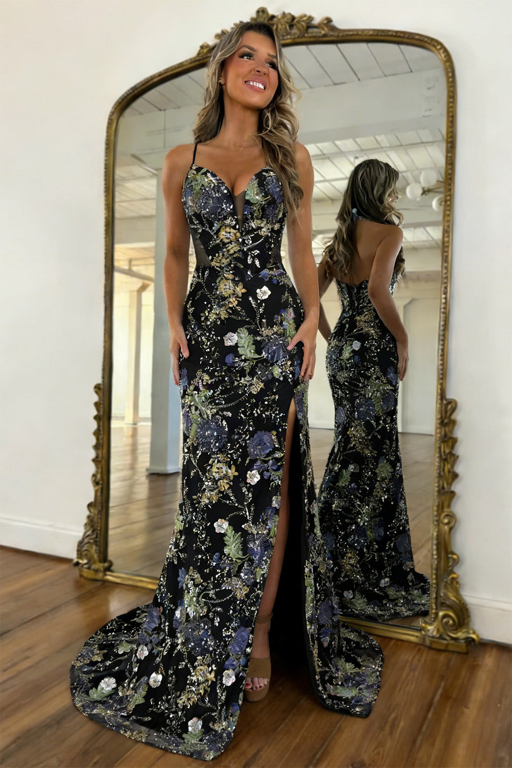 Fashionable Mermaid Spaghetti Straps Black Floral Lace Up Sequin Prom Dress