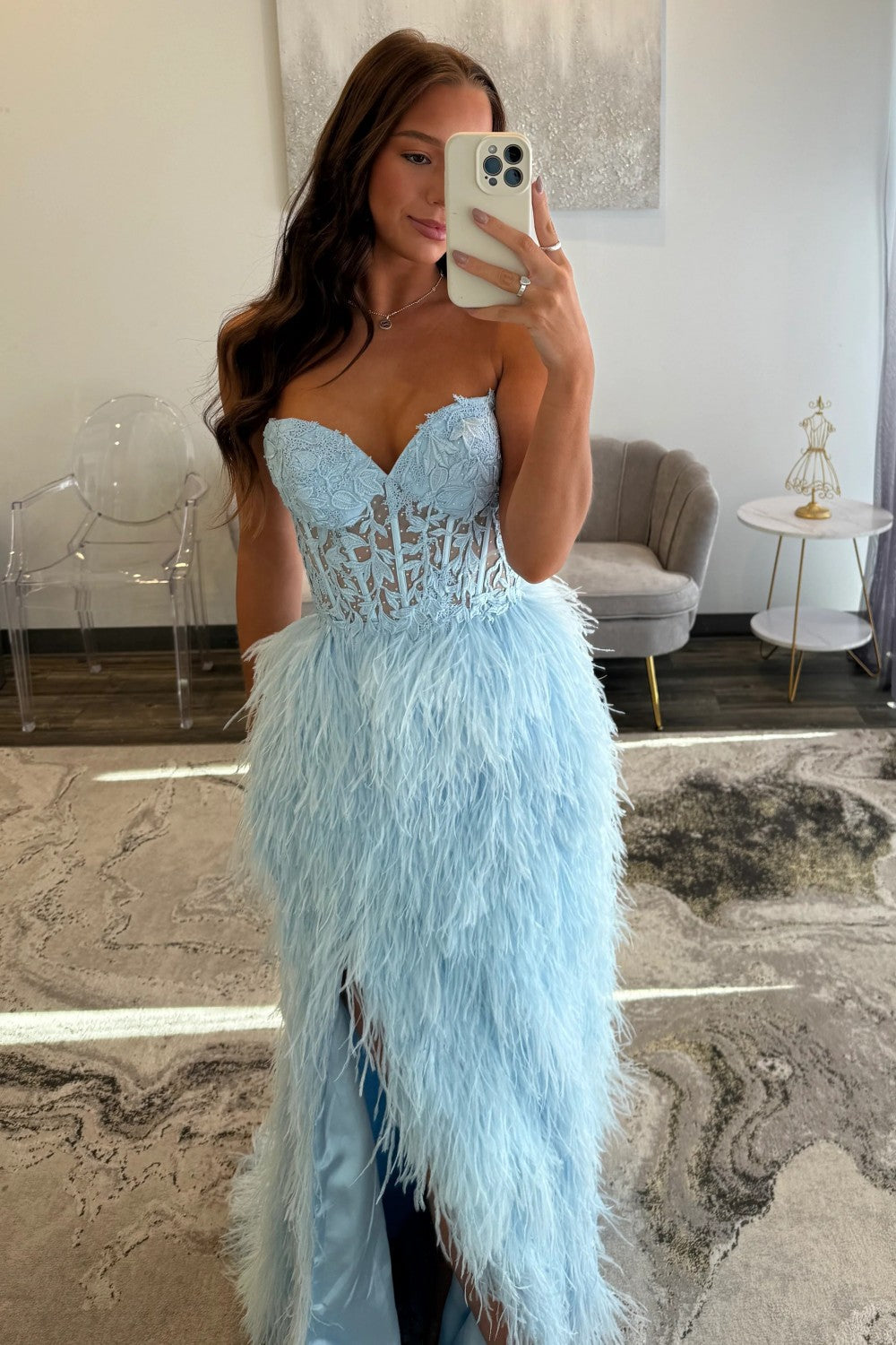 Luxurious A Line Sweetheart Light Blue Corset Prom Dress with Feather