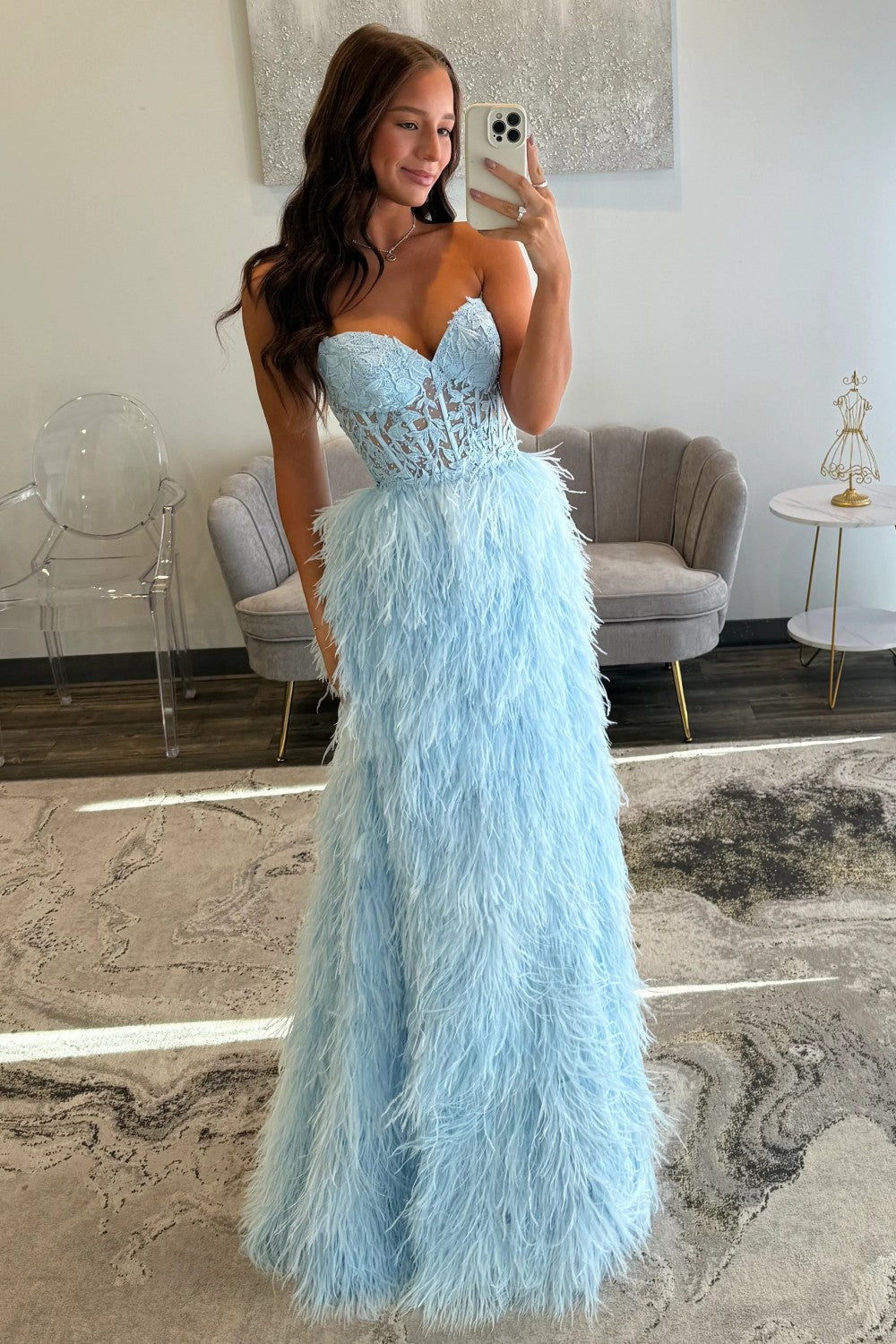 Luxurious A Line Sweetheart Light Blue Corset Prom Dress with Feather