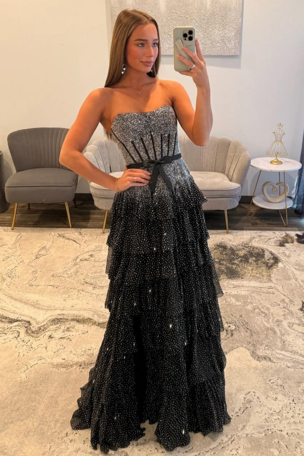 Sparkly A Line Strapless Black Corset Prom Dress with Beading Ruffles