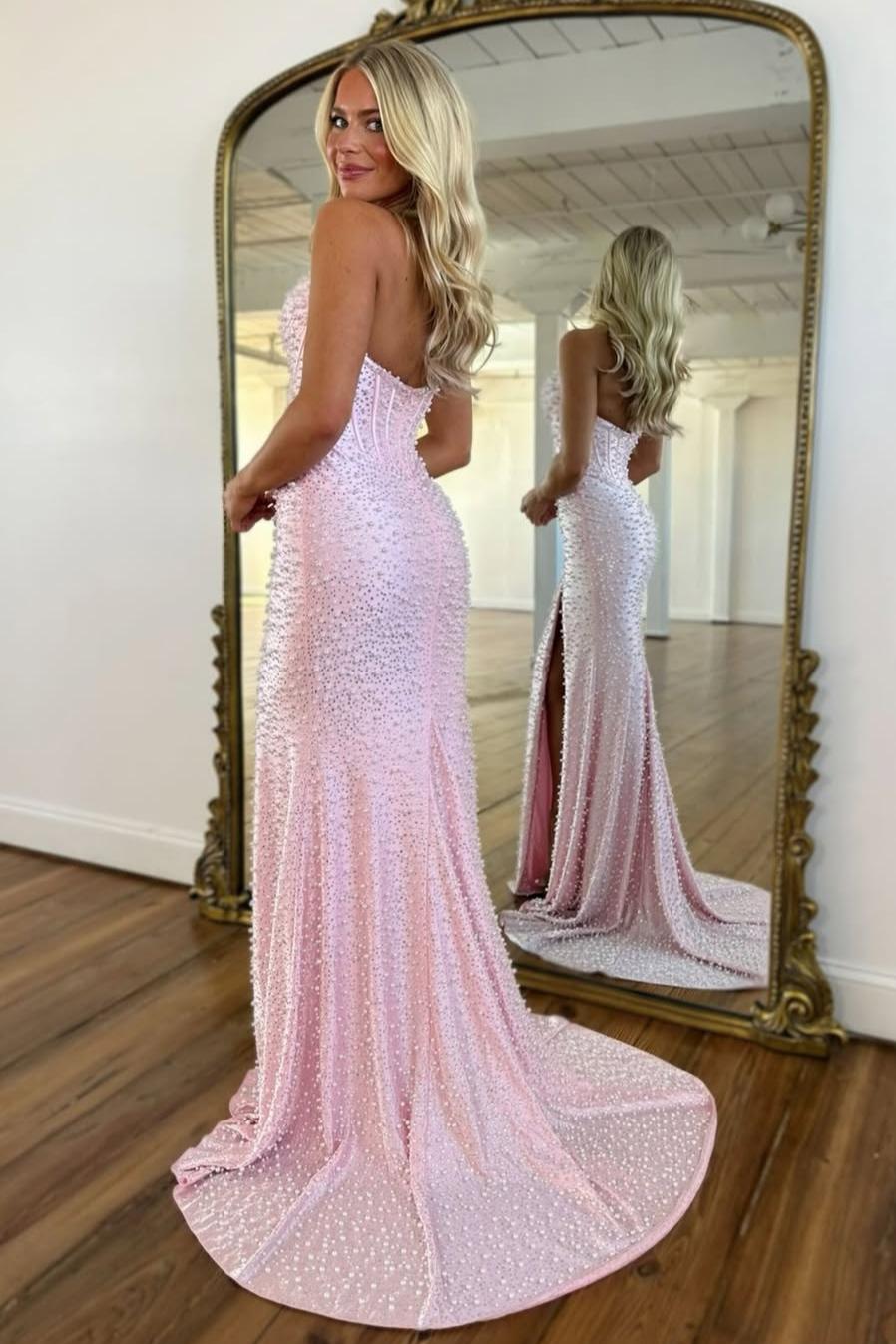 Luxury Mermaid Halter Neck Aqua Corset Prom Dress with Pearls and Slit