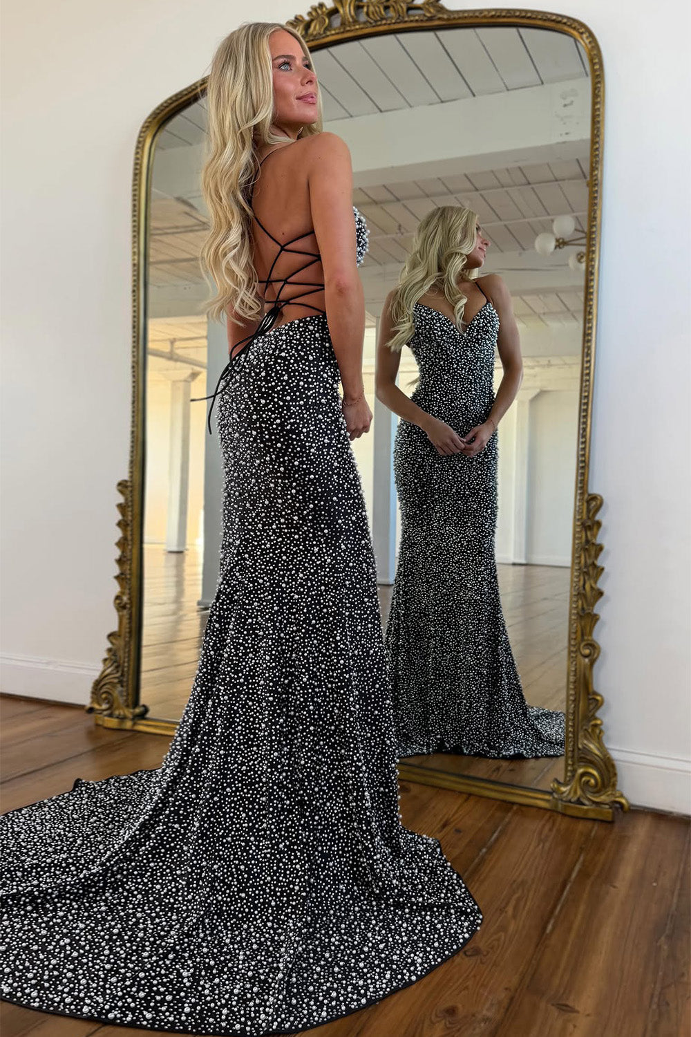Glamorous Spaghetti Straps Light Blue Mermaid Prom Dress with Pearl Beaded