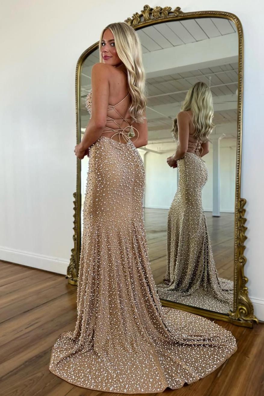 Glamorous Spaghetti Straps Light Blue Mermaid Prom Dress with Pearl Beaded