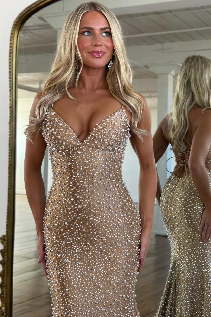 Glamorous Spaghetti Straps Light Blue Mermaid Prom Dress with Pearl Beaded