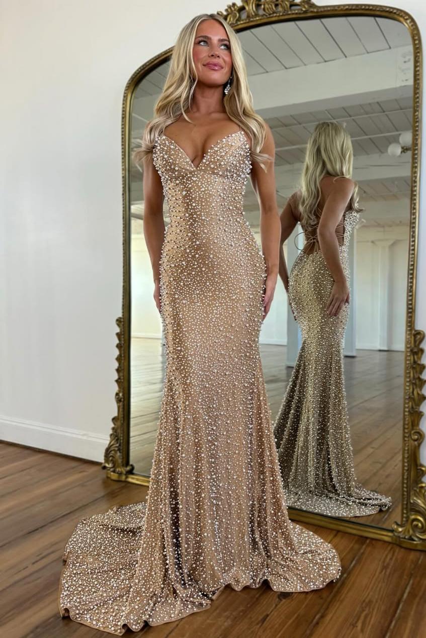 Glamorous Spaghetti Straps Light Blue Mermaid Prom Dress with Pearl Beaded - View 15 | VelvetHem
