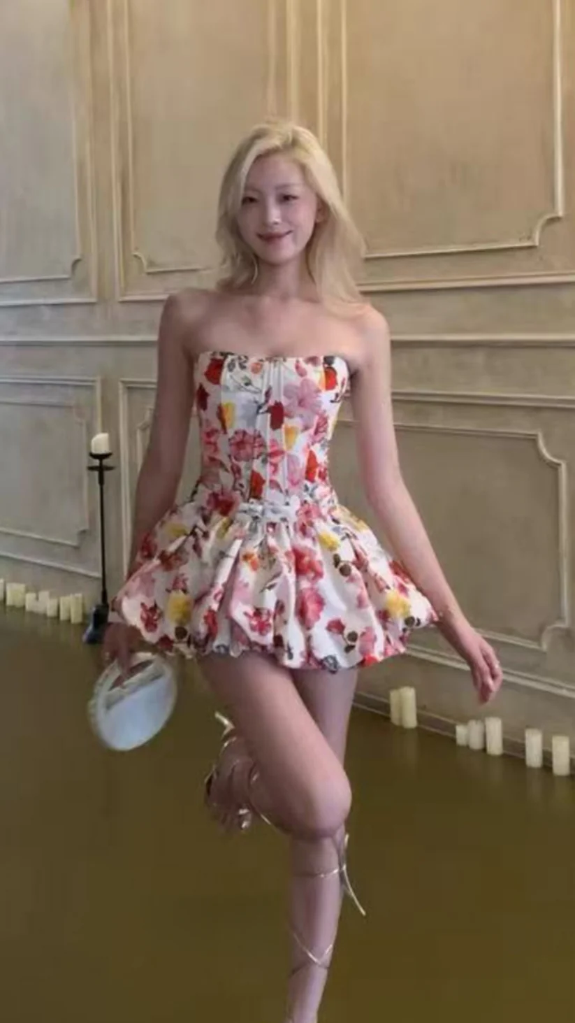 Pretty Strapless Satin Print Floral A Line Short 21st Birthday Outfits Homecoming Dress - View 2 | VelvetHem