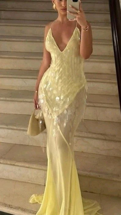 Fashion V Neck Mermaid Evening Dress Yellow Chiffon Sequins Prom Dress Y7892 - VelvetHem