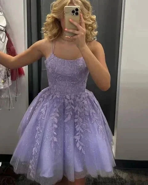 A Line Purple Lace Short Homecoming Dresses Backless Party Dress (ZD12268) - VelvetHem