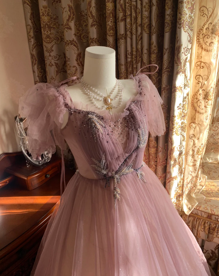 Sweet Tulle Sequin Beaded Ball Gown Pink Long Evening Dress Birthday Party Dress - View 7 | VelvetHem