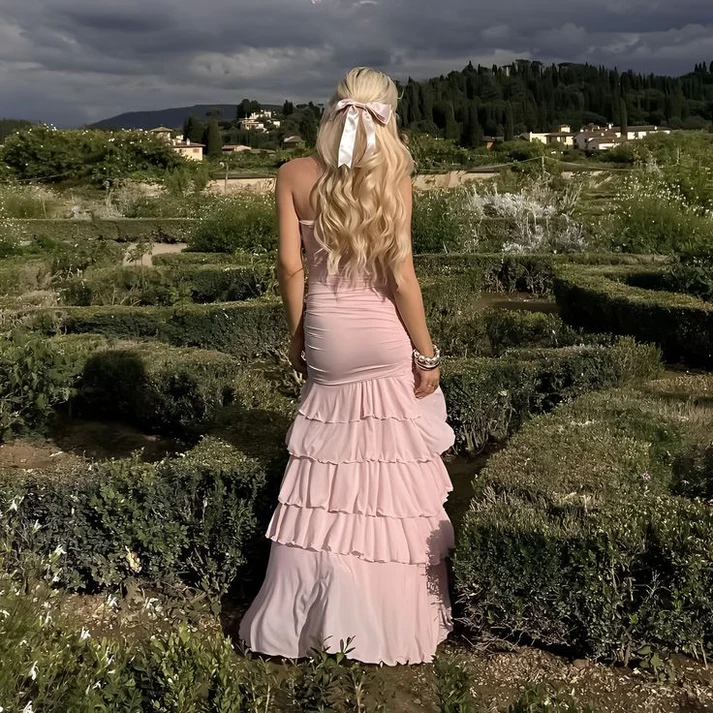 Sweet Pink Chiffon Strapless Evening Dress Multi-Layered Slit Prom Party Dress - View 5 | VelvetHem