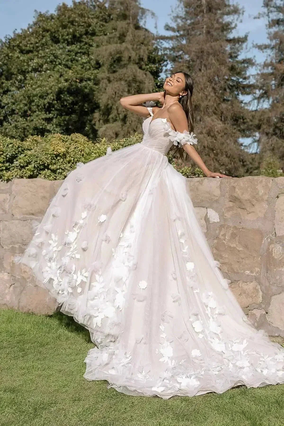 Whimsical Tulle Ballgown Wedding Dress With 3D Flowers And Off the Shoulder Straps Sweetheart Custom Made For Women (ZD13554)