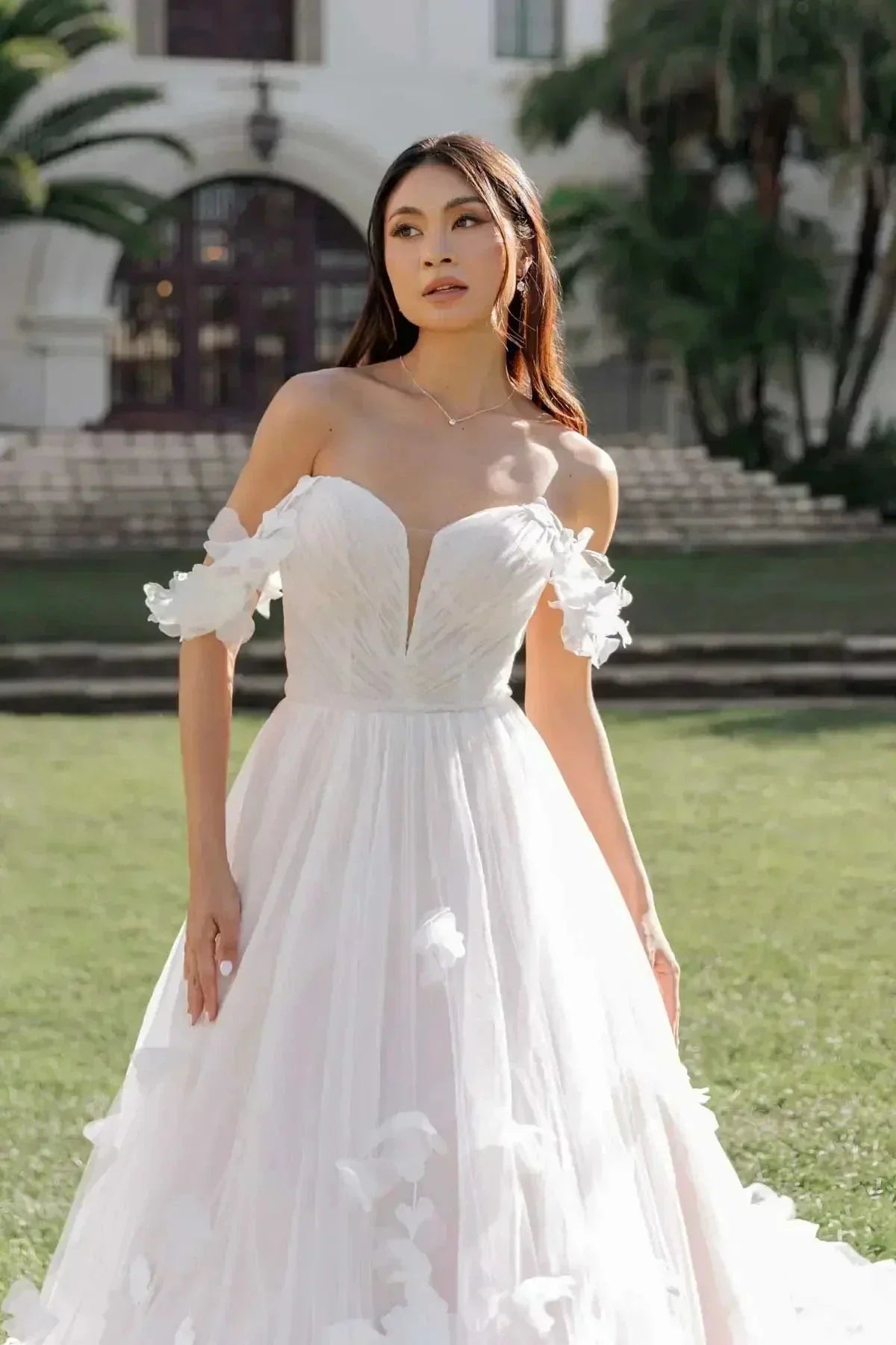 Whimsical Tulle Ballgown Wedding Dress With 3D Flowers And Off the Shoulder Straps Sweetheart Custom Made For Women (ZD13554)